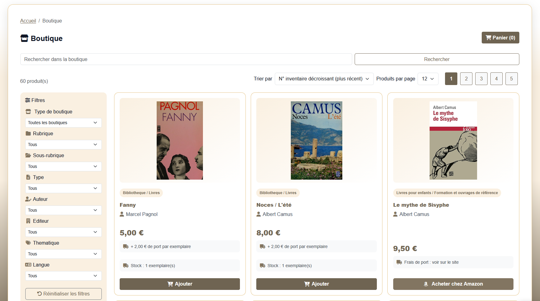 Boutique en ligne avec filtres, livres vendus localement et produits proposés par un partenaire