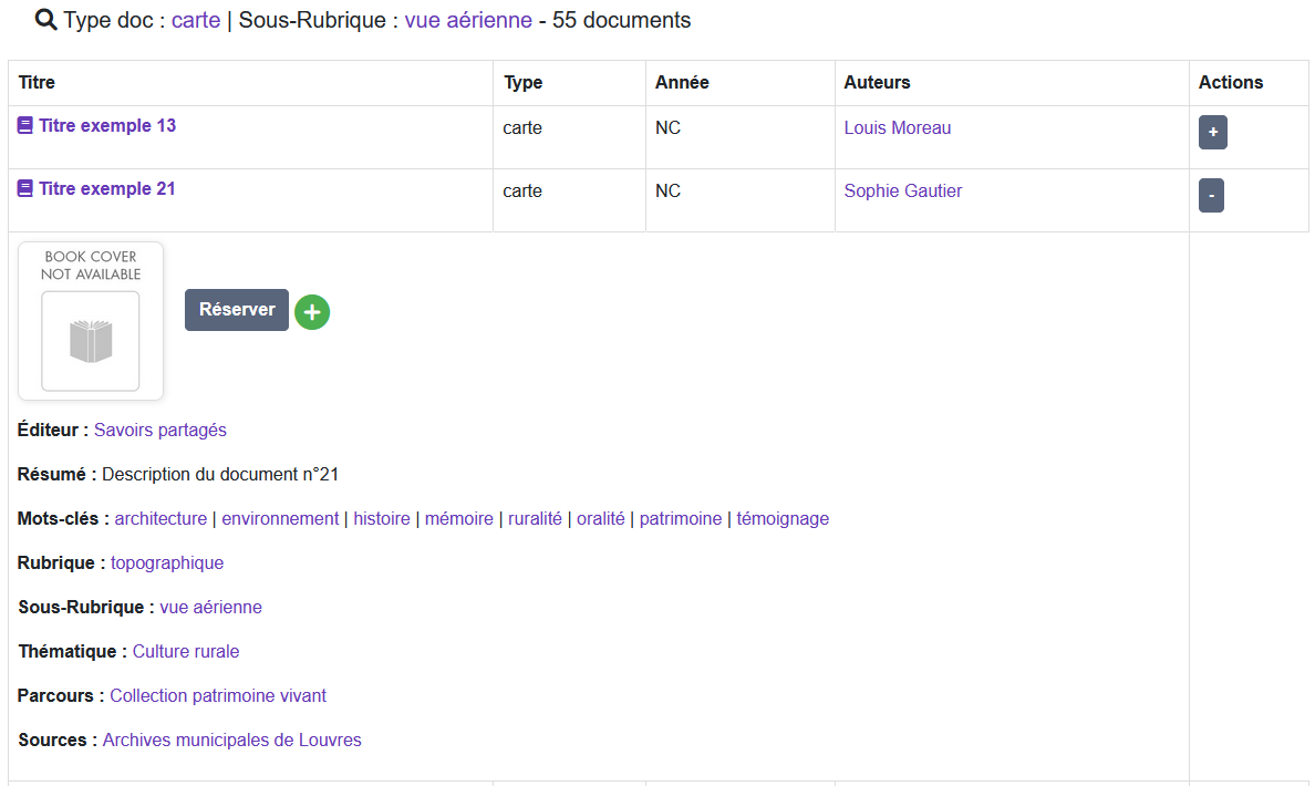 Résultats en mode tableau + fiche dynamique