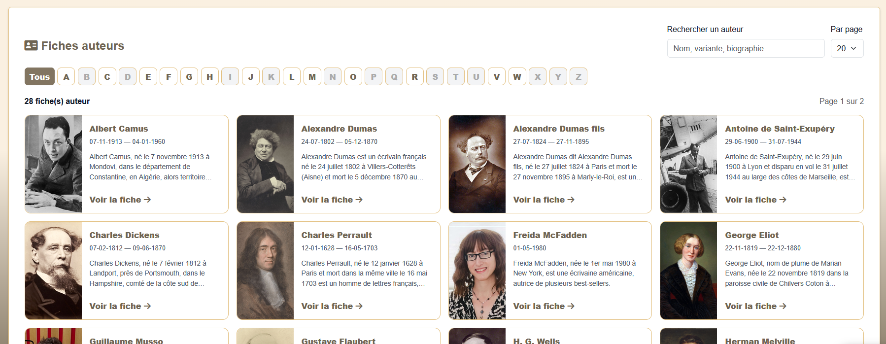 Liste illustrée des fiches auteurs avec recherche, filtre alphabétique et accès aux biographies