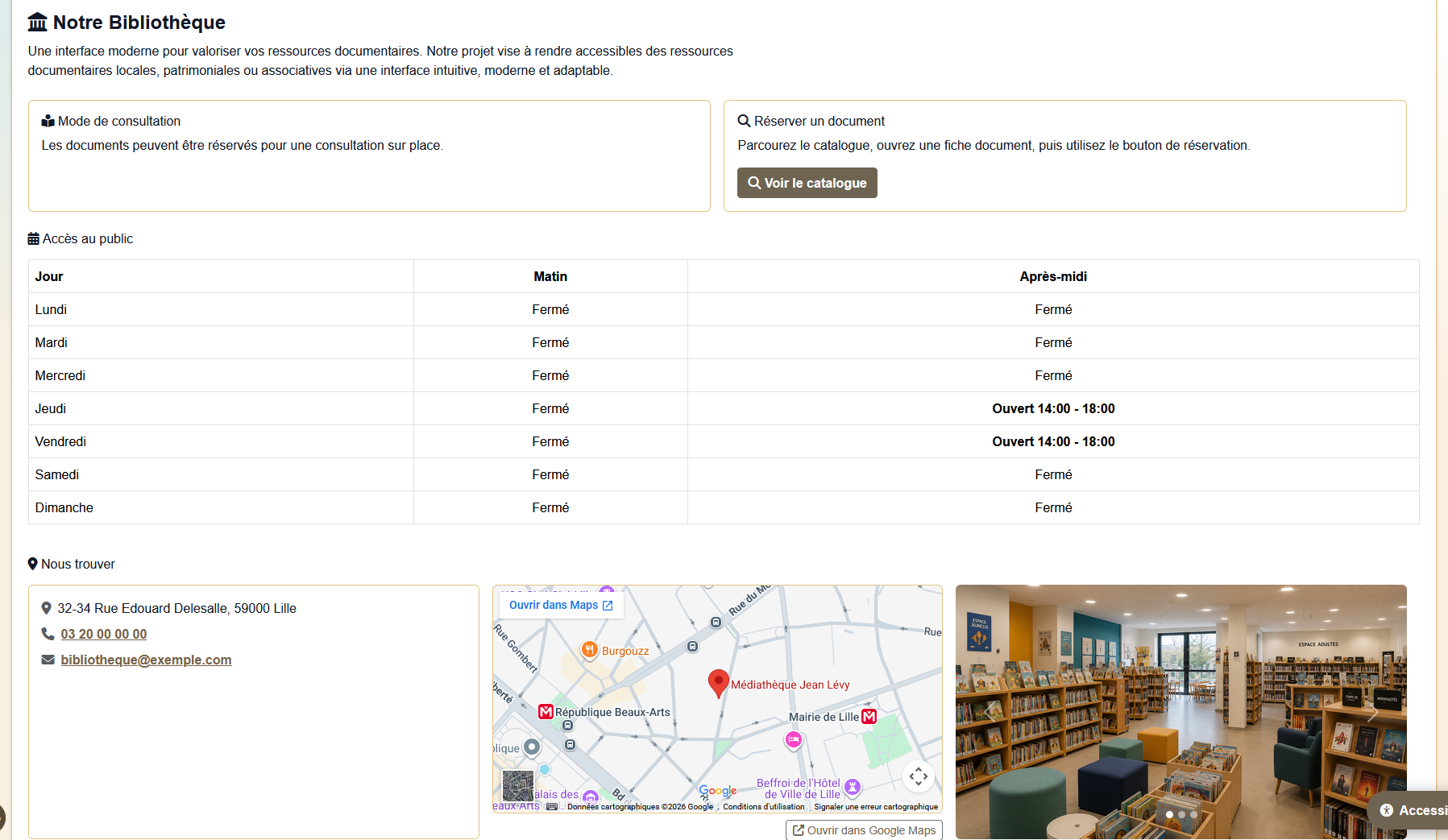Page de présentation d’une bibliothèque avec modalités de consultation, horaires, coordonnées et plan d’accès